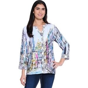 Ali Miles Button Up Tunic Top Womens Paris France Cityscape Artsy Eclectic READ